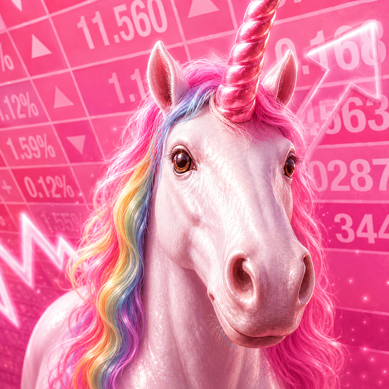 $UNICORN mascot: a pink unicorn with a rainbow mane and spiral horn against a glowing stock-market ticker board